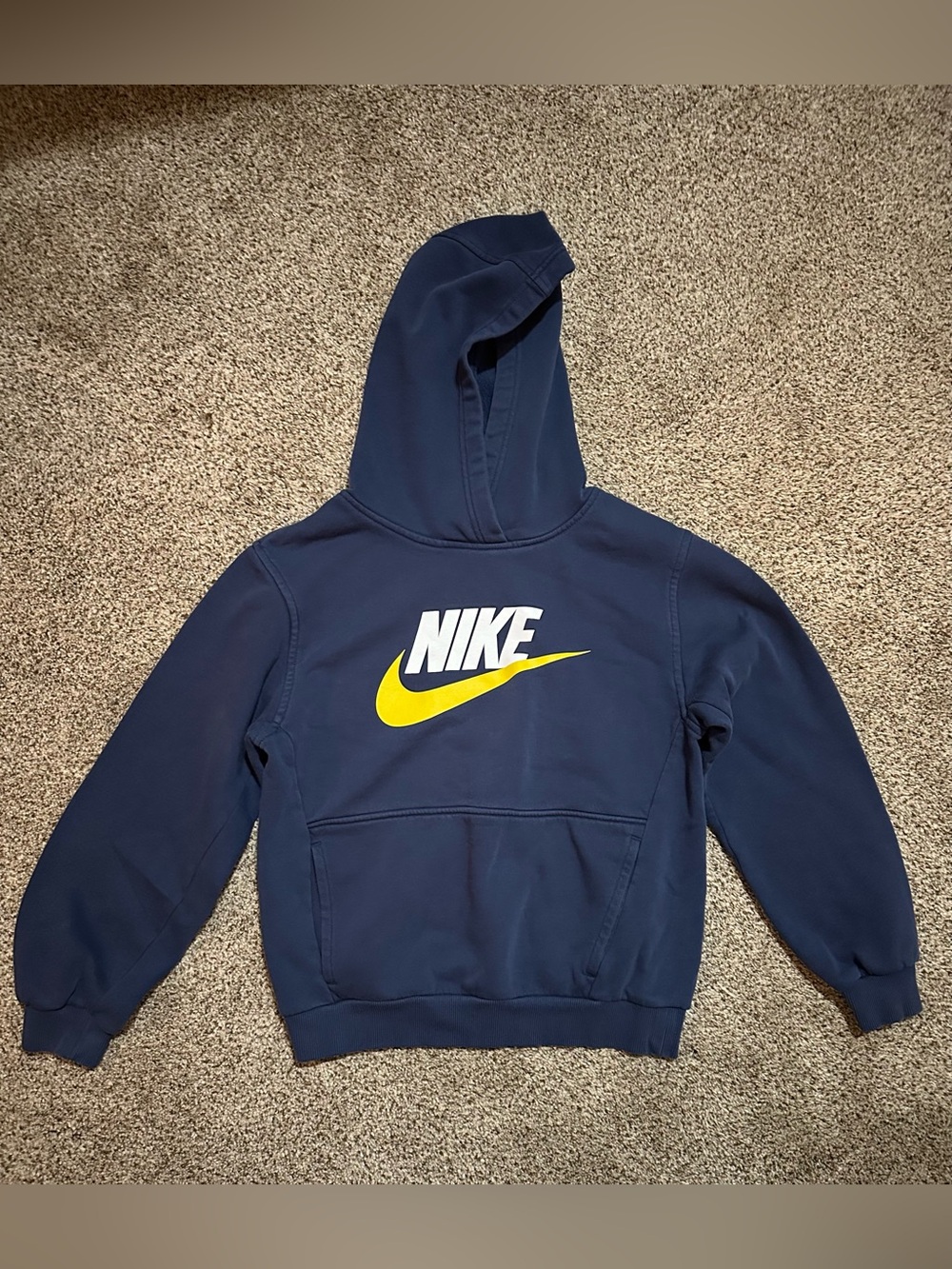 Nike Navy Blue Hoodie with White and Yellow Logo - Kids